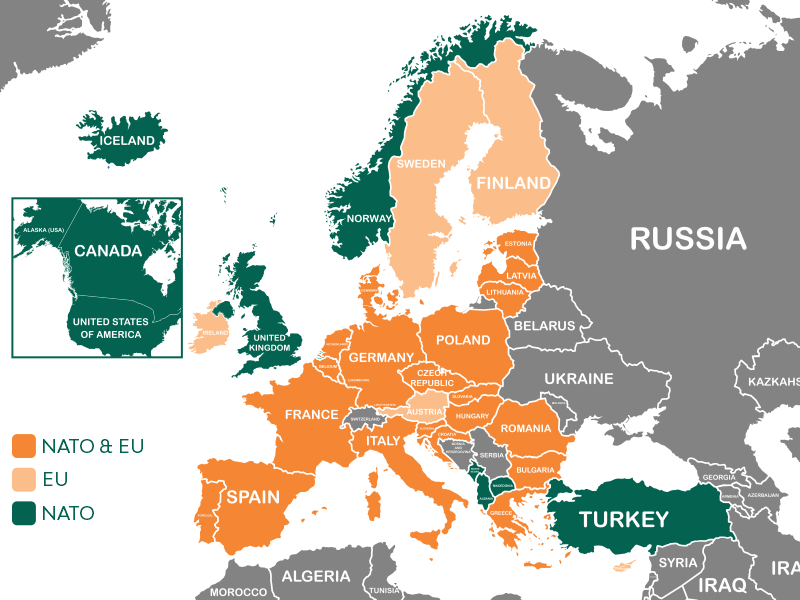 Mapa dos países que fazem parte da OTAN (NATO) e da União Europeia (EU)