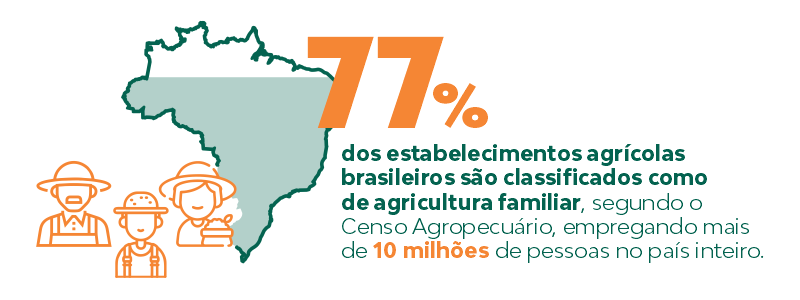 77% dos estabelecimentos agrícolas brasileiros são classificados como de agricultura familiar, segundo o Censo Agropecuário, empregando mais de 10 milhões de pessoas no país inteiro.