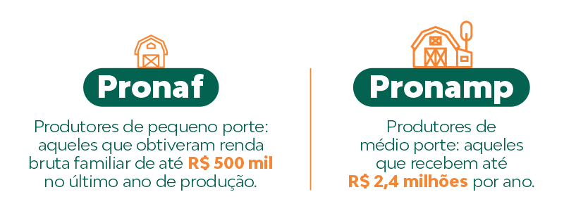 Pronaf: produtores de pequeno porte que obtiveram renda bruta familiar de até R$ 500 mil no último ano de produção. Pronamp: produtores de médio porte que recebem até R$ 2,4 milhões por ano.