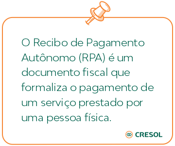 O Recibo de Pagamento Autônomo (RPA) é um documento fiscal que formaliza o pagamento de um serviço prestado por uma pessoa física.