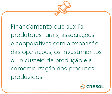 Crédito rural é um financiamento que auxilia produtores rurais, associações e cooperativas com a expansão das operações, os investimentos ou o custeio da produção e a comercialização dos produtos produzidos.