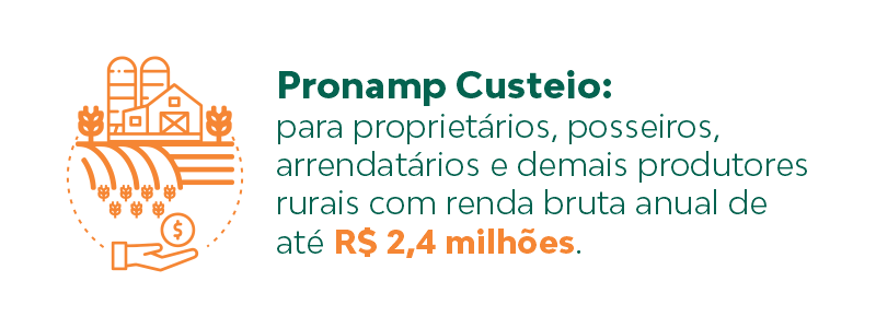 Pronamp Custeio: Enquadram-se nessa categoria os proprietários, posseiros, arrendatários e demais produtores rurais com renda bruta anual de até R$ 2,4 milhões.
