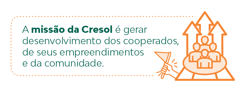 A missão da Cresol é gerar desenvolvimento dos cooperados, de seus empreendimentos e da comunidade.