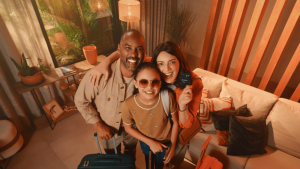 Família alegre, com as malas prontas para viajar, para ilustrar o artigo sobre cartão de crédito e débito Cresol