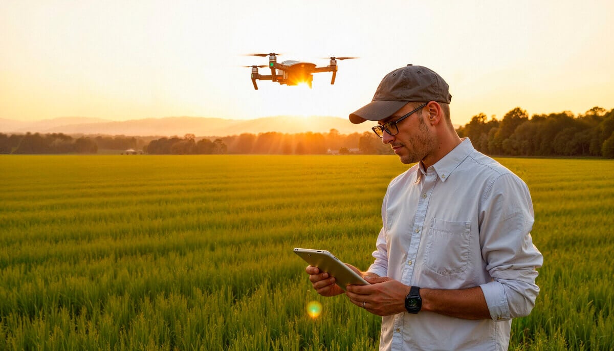 Agricultor controlando drone no campo